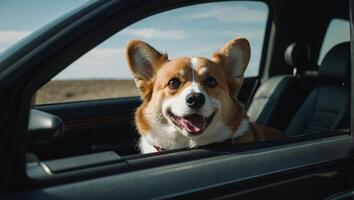 speels corgi zittend comfortabel in de achterbank van een glimmend zwart auto foto