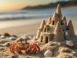 schattig klein rood krab Aan zanderig strand in de buurt subtiel gebouwd zand kasteel foto