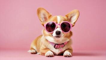 schattig weinig corgi hond vervelend een paar- van ronde roze zonnebril Aan de roze achtergrond foto