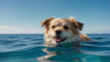 klein hond met pluizig licht bruin jas zwemmen in de enorm zee foto