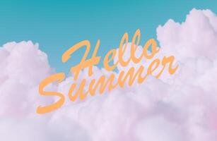 Hallo zomer tekst drijvend Aan pluizig wolken tegen lucht blauw achtergrond foto