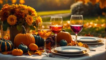 bril van wijn, herfst bladeren Aan de tafel in natuur, pompoenen foto