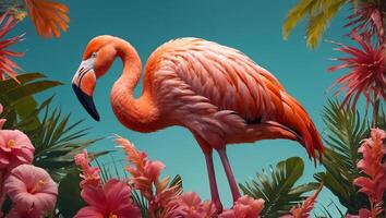 prachtig roze flamingo, bloemen Aan een gekleurde achtergrond foto