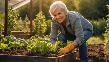 glimlachen ouderen vrouw vervelend tuinieren handschoenen in de groente tuin foto