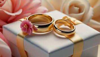 twee goud bruiloft ringen, bloemen foto