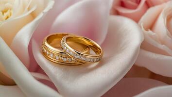 twee goud bruiloft ringen, bloemen foto