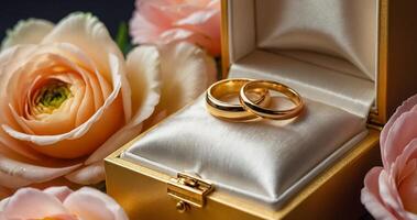 twee goud bruiloft ringen, bloemen foto