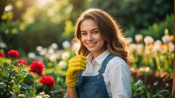 glimlachen vrouw vervelend handschoenen in de tuin foto