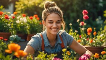 glimlachen vrouw vervelend handschoenen in de tuin foto