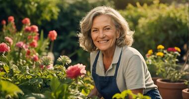 glimlachen ouderen vrouw vervelend handschoenen in de tuin foto