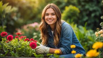 glimlachen vrouw vervelend handschoenen in de tuin foto