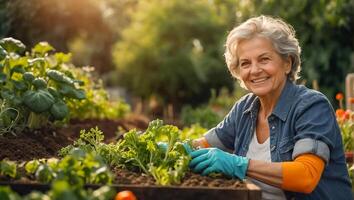 glimlachen ouderen vrouw vervelend tuinieren handschoenen in de groente tuin foto