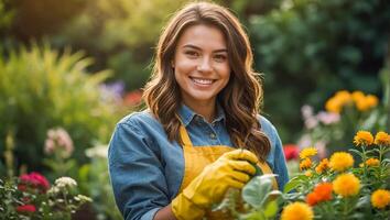 glimlachen vrouw vervelend handschoenen in de tuin foto