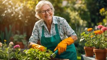 glimlachen ouderen vrouw vervelend handschoenen in de tuin foto