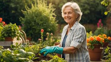 glimlachen ouderen vrouw vervelend handschoenen in de tuin foto