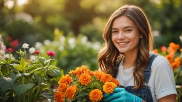 glimlachen vrouw vervelend handschoenen in de tuin foto