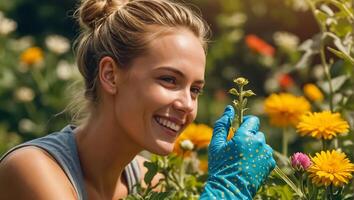 glimlachen vrouw vervelend handschoenen in de tuin foto