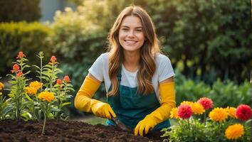 glimlachen vrouw vervelend handschoenen in de tuin foto