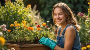 glimlachen vrouw vervelend handschoenen in de tuin foto