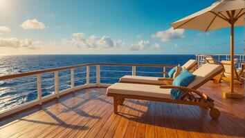 leeg zon ligstoelen Aan de dek van een luxe reis schip foto