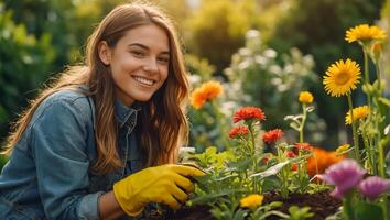 glimlachen vrouw vervelend handschoenen in de tuin foto