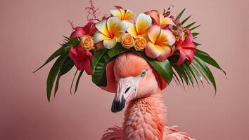 prachtig roze flamingo, bloemen Aan een gekleurde achtergrond foto