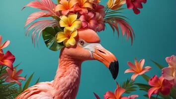 prachtig roze flamingo, bloemen Aan een gekleurde achtergrond foto