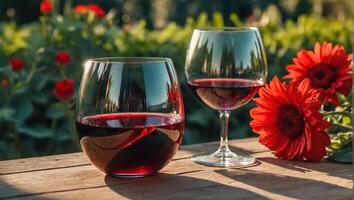 glas met rood wijn, bloemen Aan de tafel in natuur foto