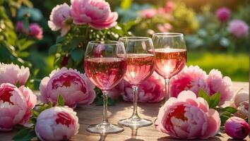 bril met roze wijn, bloemen Aan de tafel in natuur foto