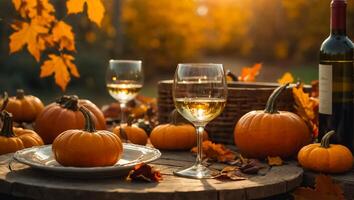 bril van wijn, herfst bladeren Aan de tafel in natuur, pompoenen foto