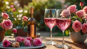 bril met roze wijn, bloemen Aan de tafel in natuur foto