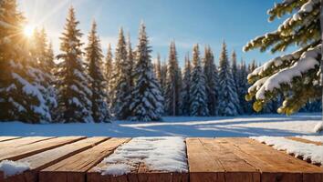 leeg houten bord, sneeuw, Kerstmis boom foto