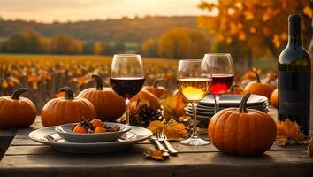 bril van wijn, herfst bladeren Aan de tafel in natuur, pompoenen foto