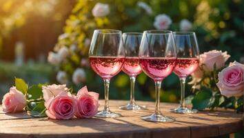 bril met roze wijn, bloemen Aan de tafel in natuur foto