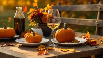 bril van wijn, herfst bladeren Aan de tafel in natuur, pompoenen foto