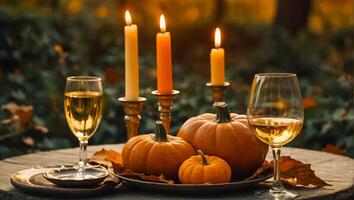 bril van wijn, herfst bladeren Aan de tafel in natuur, pompoenen foto