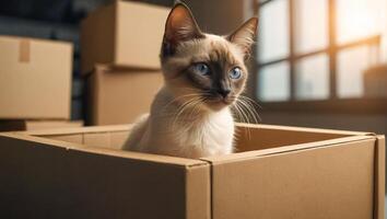 schattig kat, doos in de appartement foto