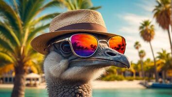 tekenfilm struisvogel met bril en hoed Aan de strand ontwerp foto