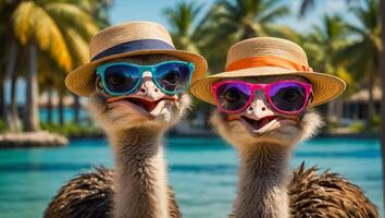 tekenfilm struisvogel met bril en hoed Aan de strand ontwerp foto