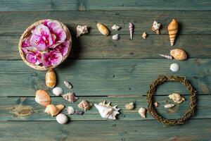 verscheidenheid van zee schelpen en orhid bloemen Aan een houten achtergrond foto