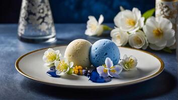 mochi blauw ijs room met bloemen in cafe foto