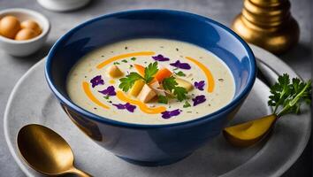 avgolemono soep in een bord in een restaurant haute keuken foto