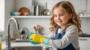 weinig meisje in de keuken, schoonmaak concept foto