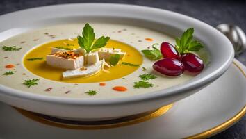 avgolemono soep in een bord in een restaurant haute keuken foto