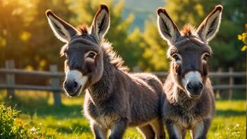 schattig ezel Aan een boerderij in zomer foto