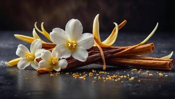 vanille stokjes met bloemen Aan oud achtergrond foto