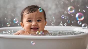 schattig baby het baden in de bad foto