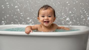 schattig baby het baden in de bad foto