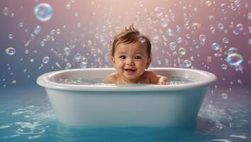 schattig baby het baden in de bad foto