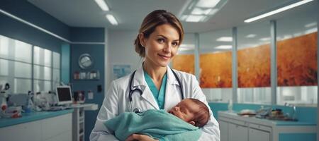 glimlachen vrouw dokter met pasgeboren baby in moederschap ziekenhuis foto
